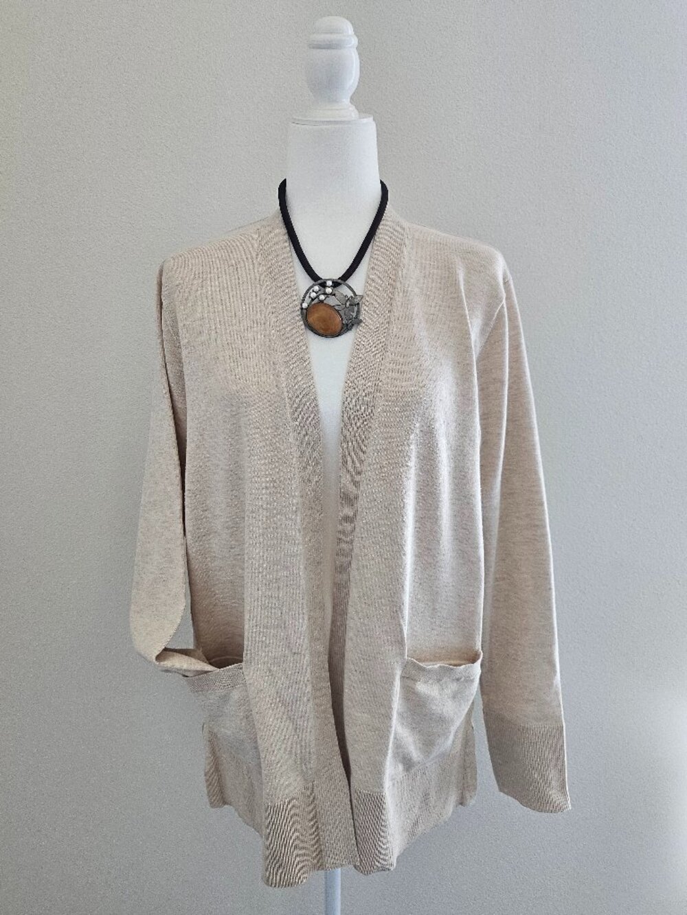 Madison Oatmeal Open Front Knit Cardigan Cozy Sweater Pockets Size L